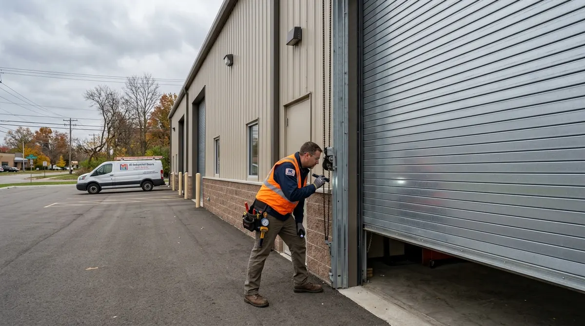 Commercial rolling steel garage door being serviced in Macomb County Michigan