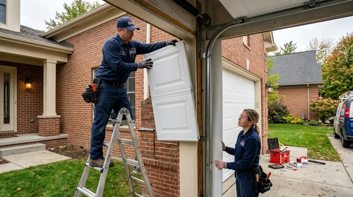 New garage door installation on a suburban home in Metro Detroit