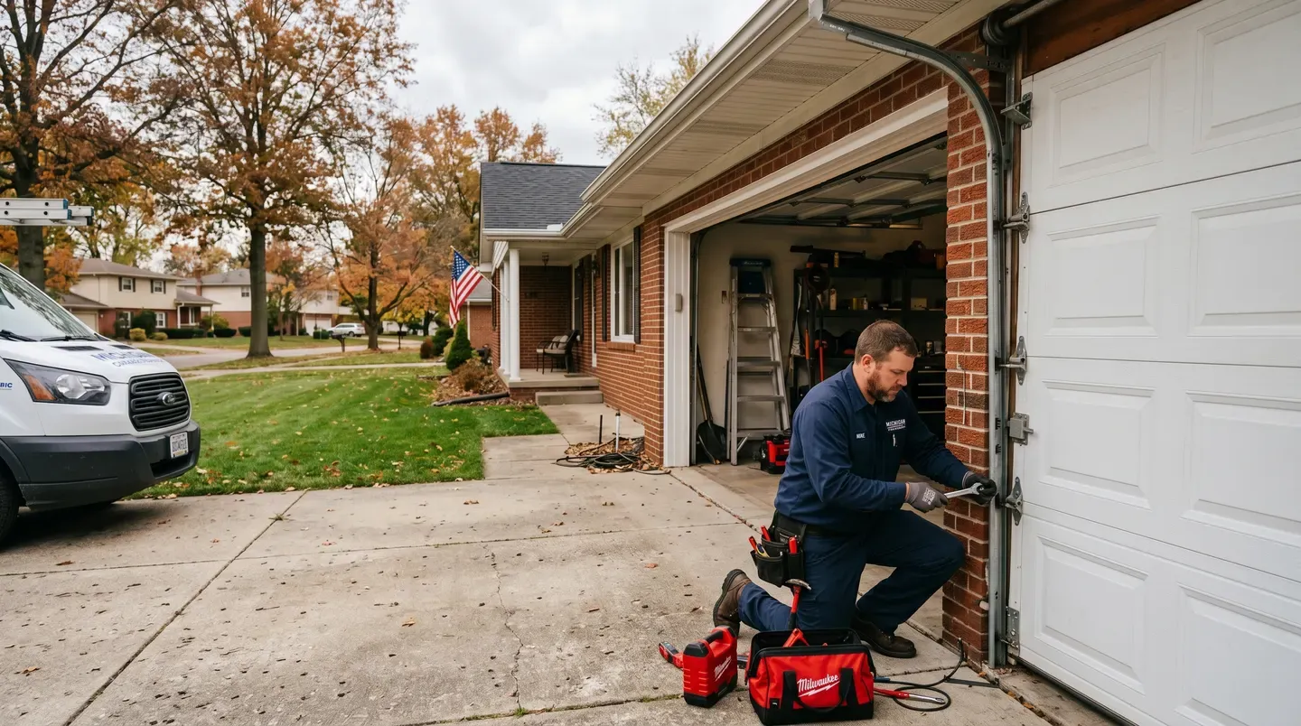 ABC Door Company technician repairing a garage door in Roseville MI