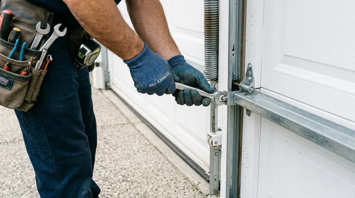 Technician repairing a residential garage door in Roseville MI