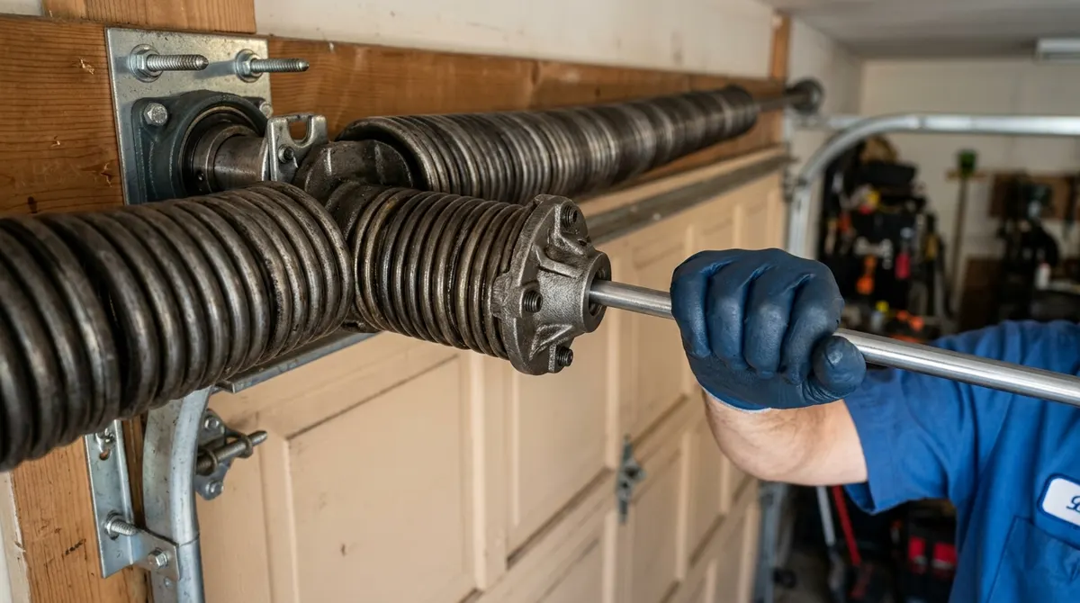 Garage door torsion spring being replaced by a licensed technician in Macomb County