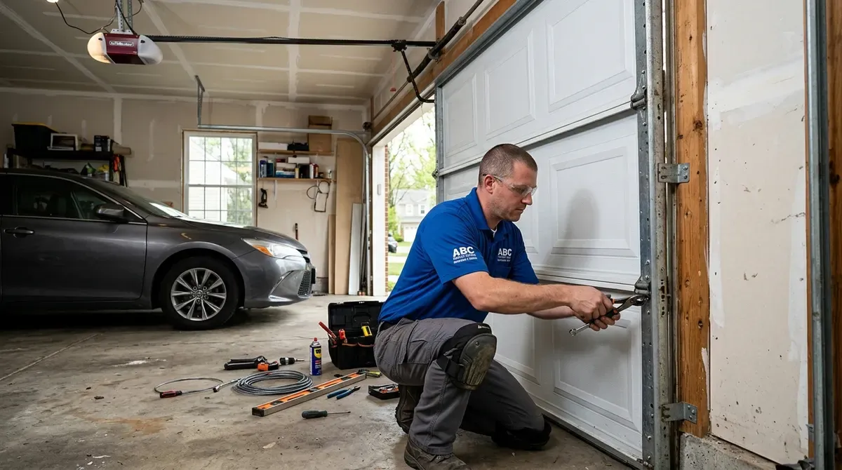 Garage door being realigned on its track in Roseville Michigan